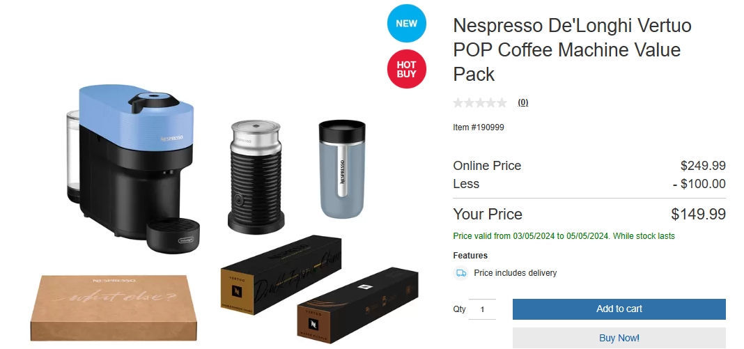 Costco本周优惠：Nespresso De'Longhi Vertuo POP咖啡机超值包, 现价$149.99,省$100!