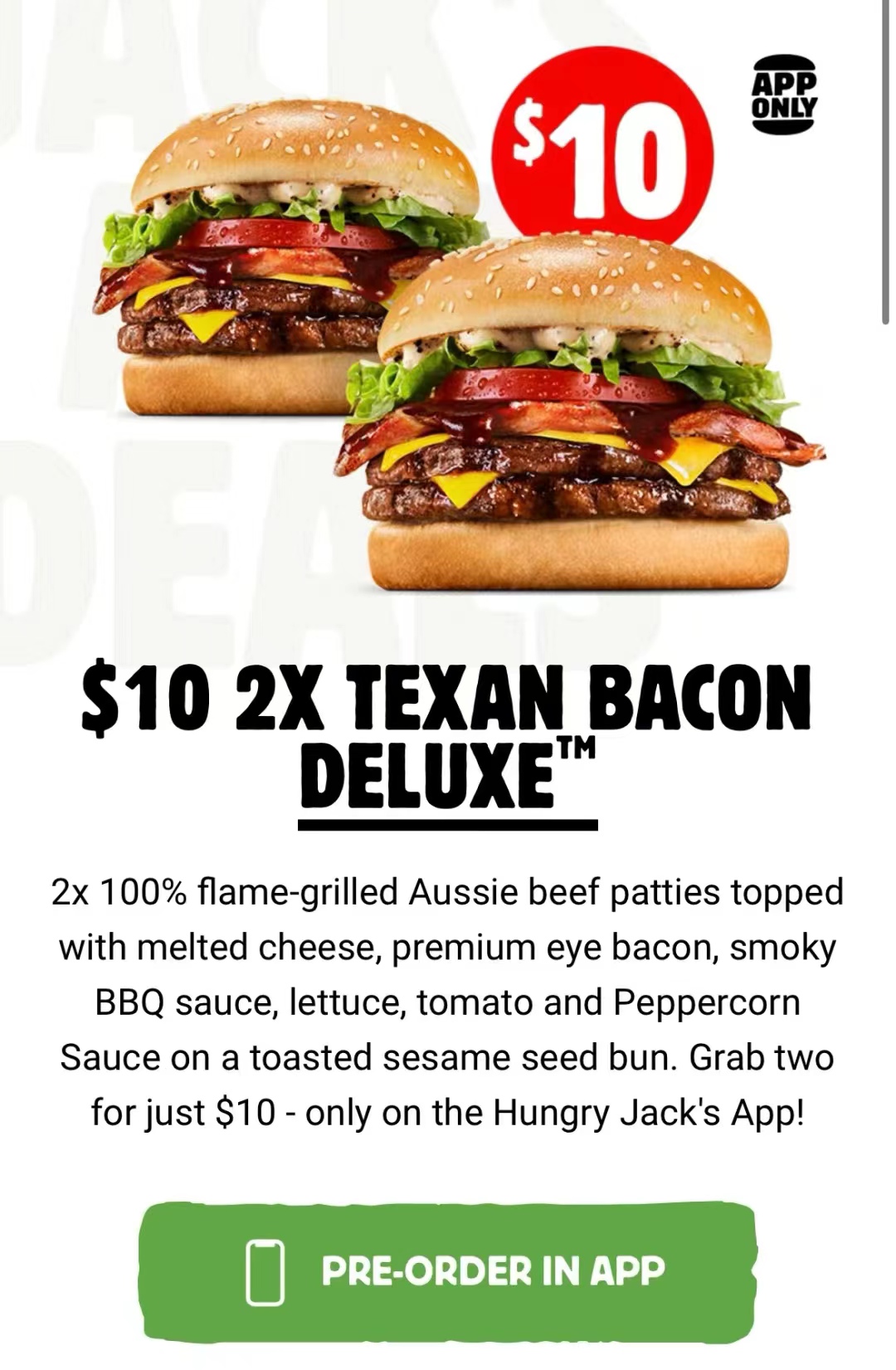 两个豪华Texan 培根汉堡$10！@ Hungry Jack's