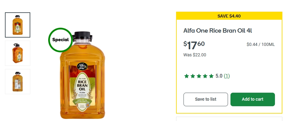 Alfa One米糠油20%折扣！4升，现价$17.6，省$4.4！@ Woolworths