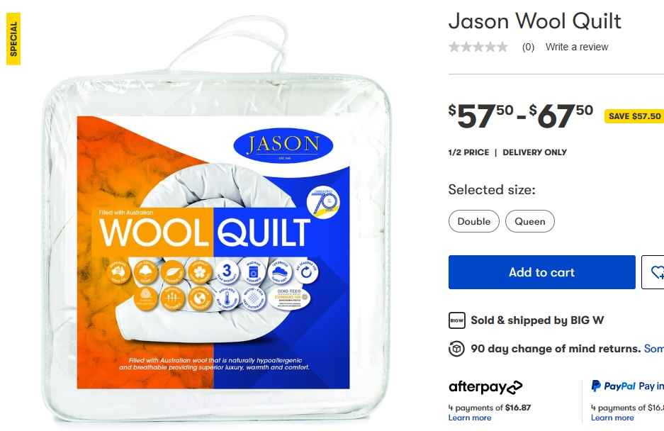 Jason羊毛被半价！折后价格$57.50 - $67.5！@ Big W