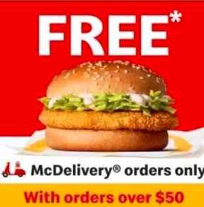 麦当劳优惠：在App上消费满$50，免费赠送一个麦香鸡！@  McDonald’s