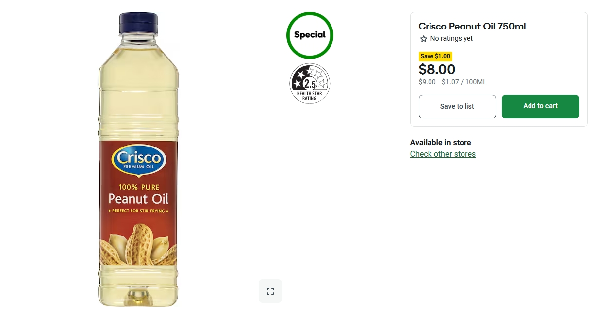 Crisco花生油特价！750ml, 现价$8.00，省$1.00! @ Woolworths