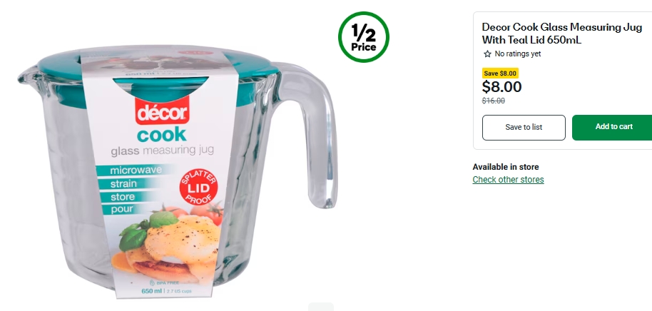 Decor 带盖子的玻璃量杯半价！650mL，现价8.0！@ Woolworths