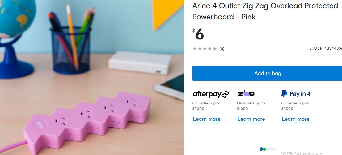 Arlec 可爱粉色之字形过载保护电源板，4插座，$6.0！@ Kmart