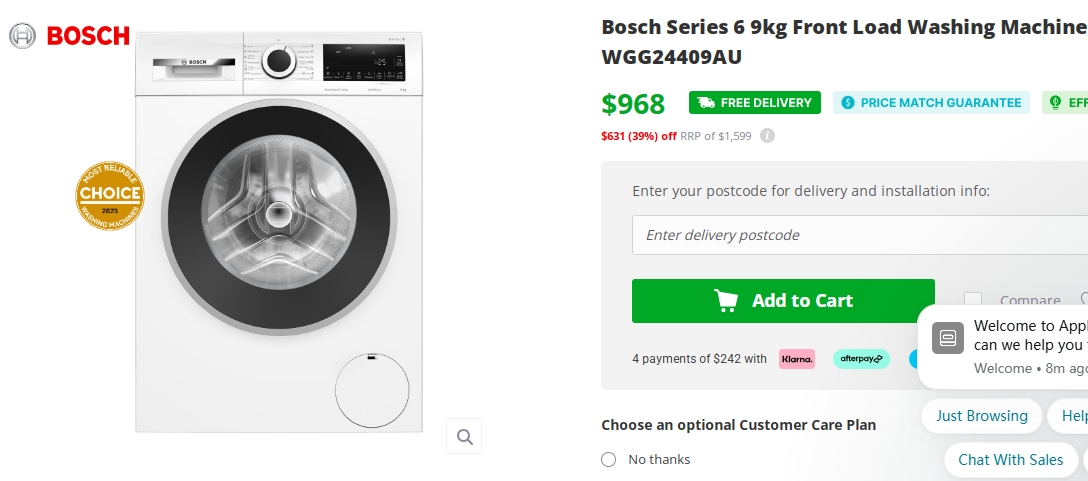 Bosch S系列6 9kg 滚筒洗衣机特价！39%折扣，现价$968！@ appliancesonline